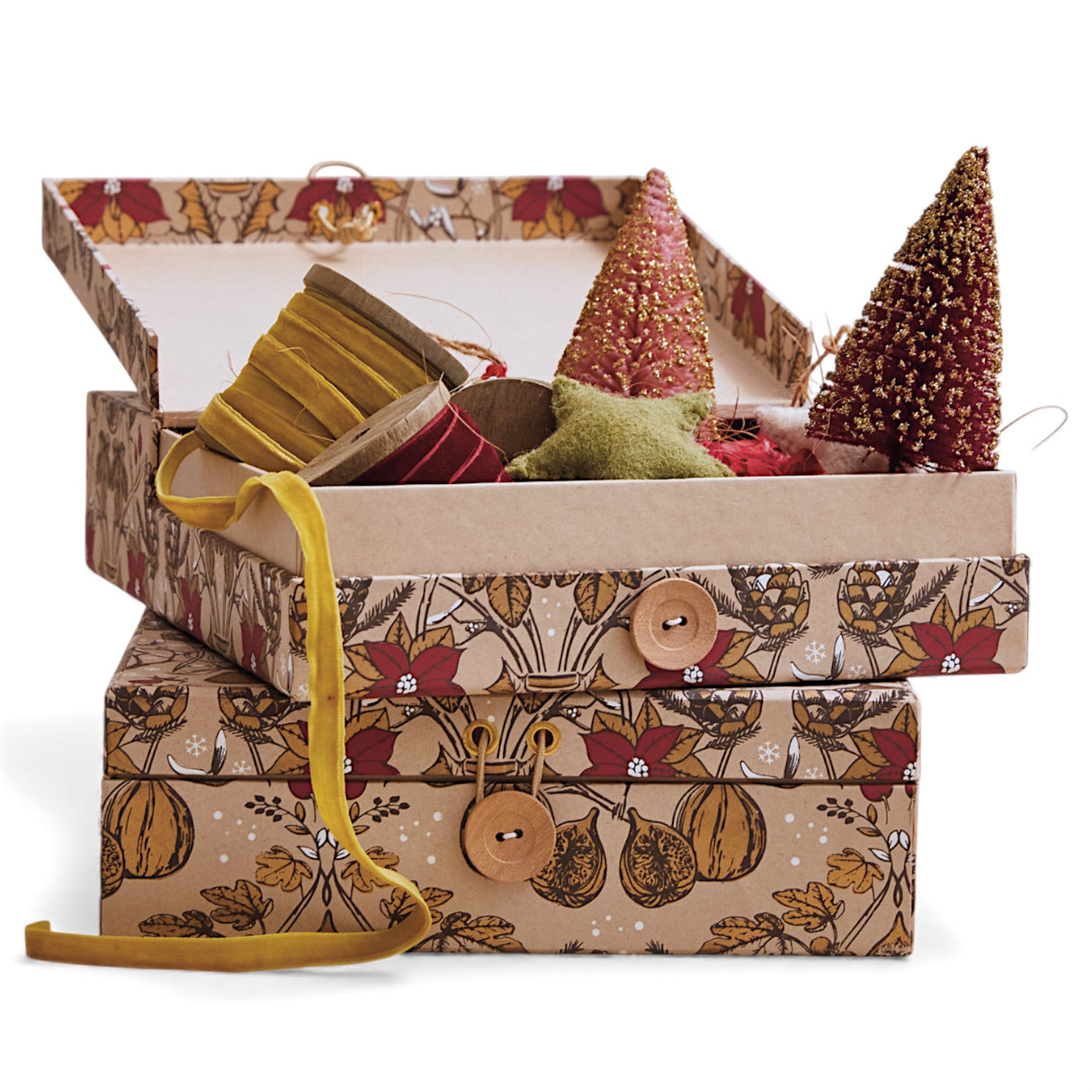 printed paper gift boxes with floral pattern and button closures