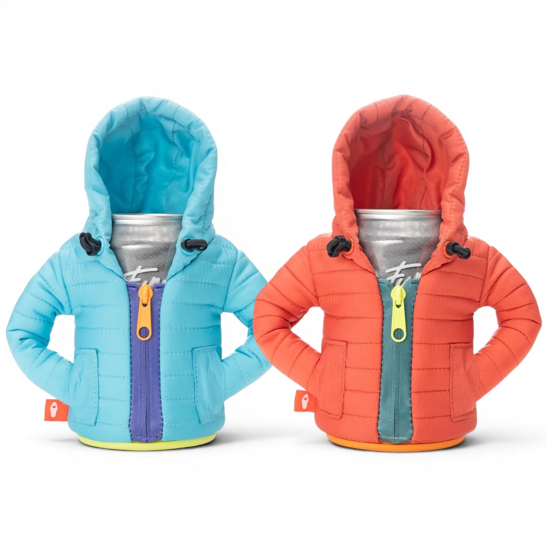 Puffin Drinkwear Alpine insulated puffer jacket can cooler in Paprika and Blue Atoll for standard 12 oz beverage cans.