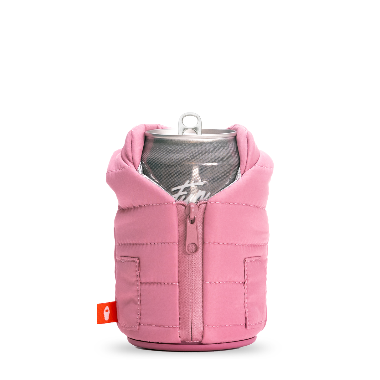 Puffin Drinkwear Puffy Vest can cooler in Dusty Rose insulated beverage sleeve for standard 12 oz cans.