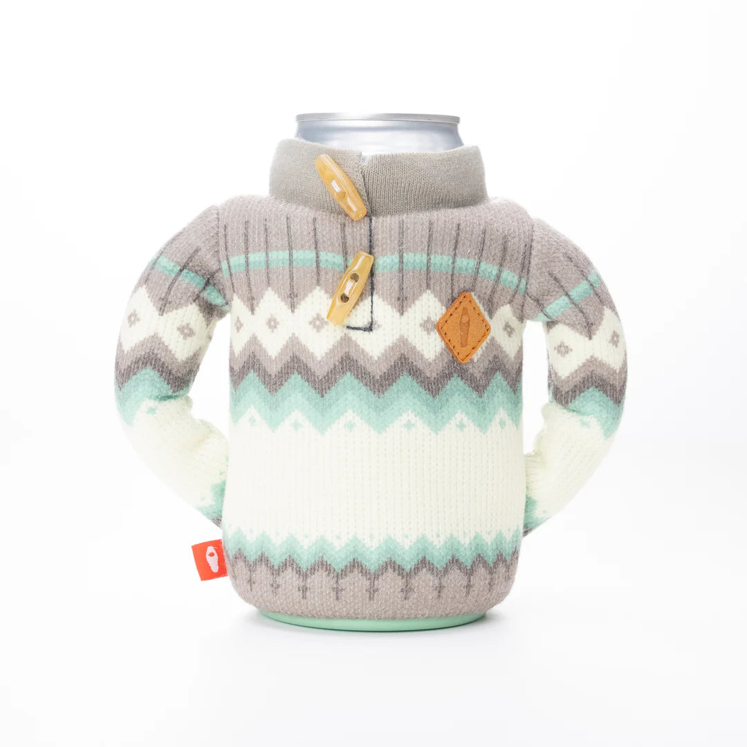 Puffin Drinkwear The Fjord Seafoam insulated can cooler with Fair Isle sweater design, faux horn buttons, and vegan leather patch for standard 12 oz. beverage cans.