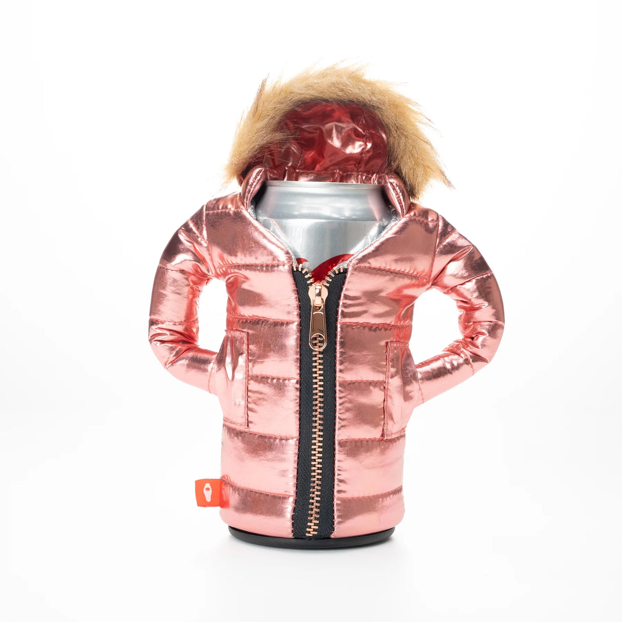 Puffin Drinkwear Rose Gold Pahka insulated can cooler with faux fur hood for bottles and tall beverage cans.