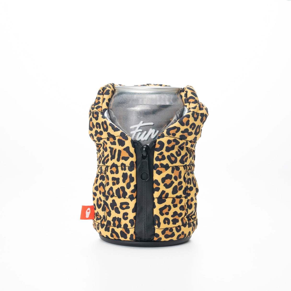Puffin Drinkwear Leopard Puffy Vest insulated can cooler for standard 12 oz beverage cans.
