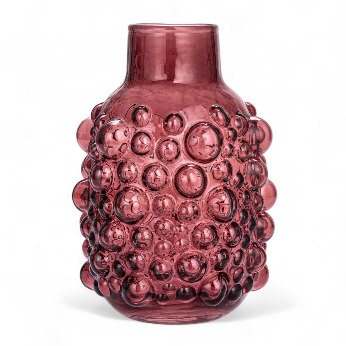 Purple glass vase with raised dot texture and glossy finish, measuring 6.75" round by 8.5" high.