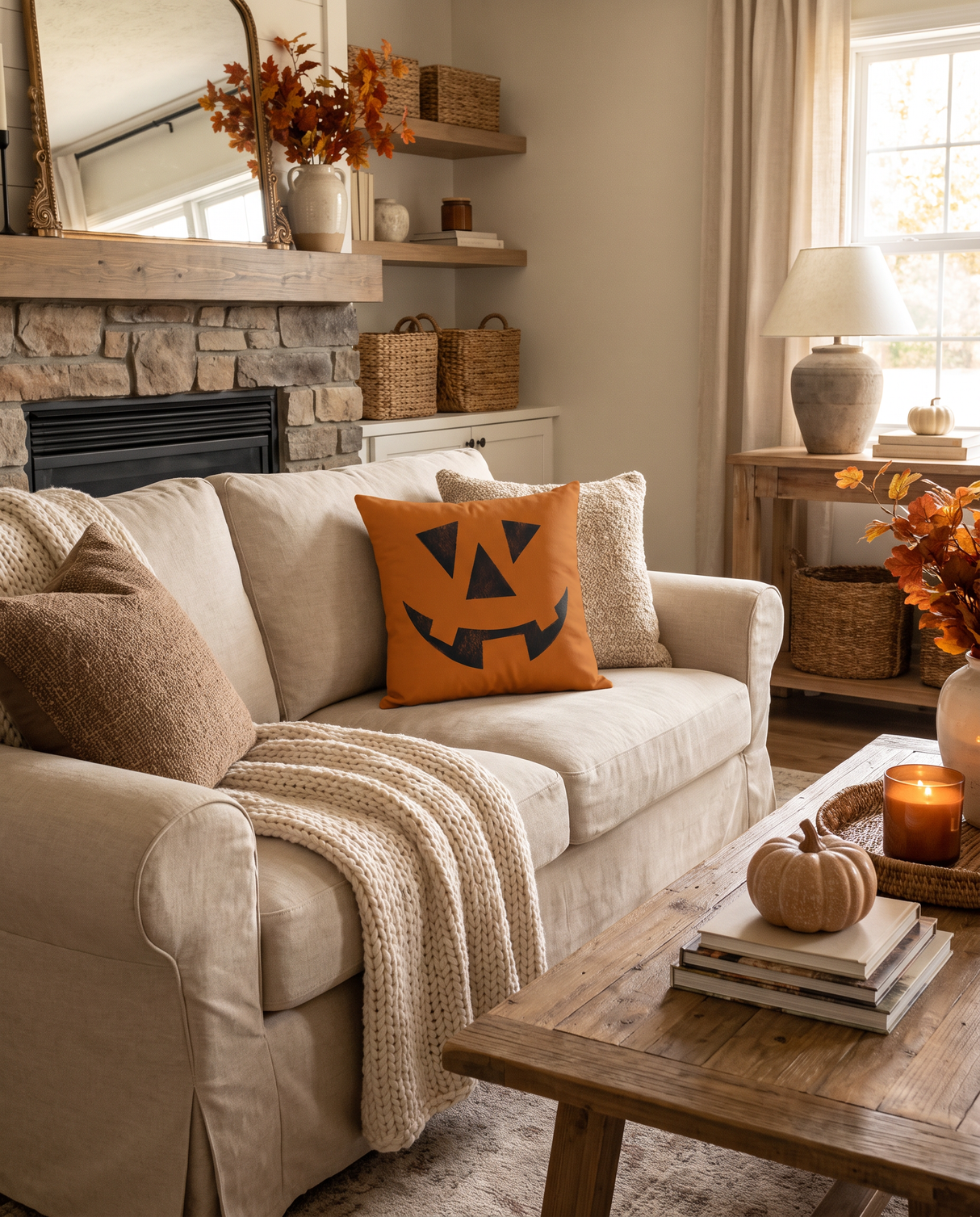 Orange Jack-O’-Lantern Halloween Throw Pillow