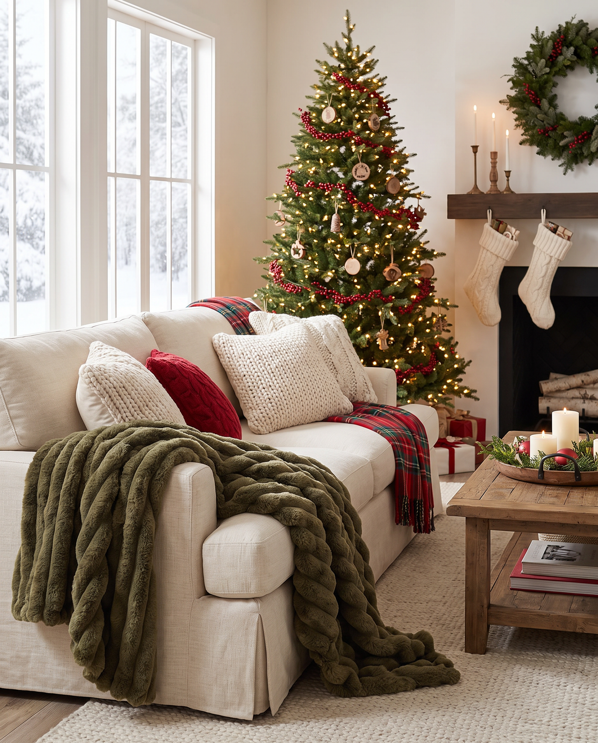 Olive Green Ribbed Faux Fur Throw Blanket