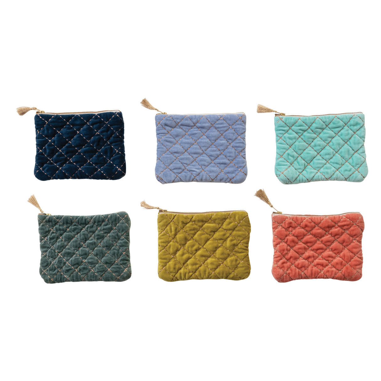 quilted velvet zip pouch metallic stitching cosmetic bag small travel pouch with tassel multiple colors