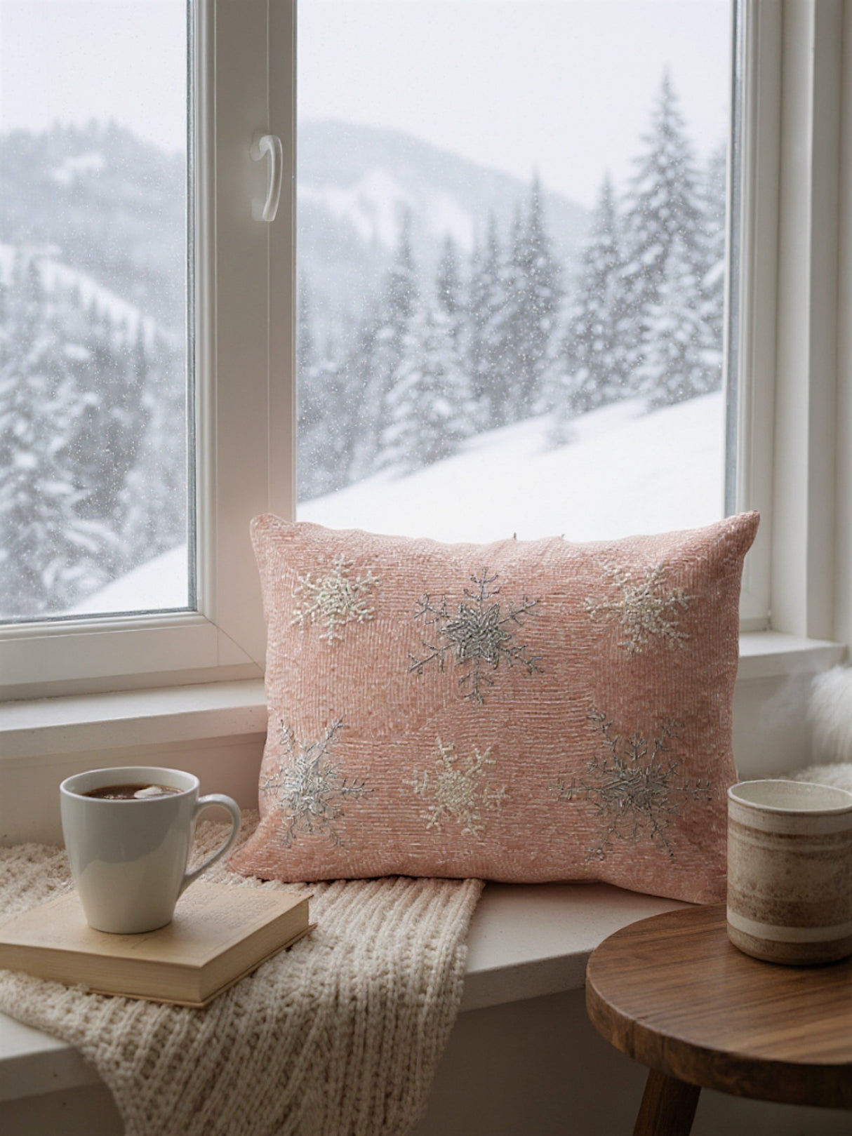 Pink Beaded Snowflake Lumbar Throw Pillow