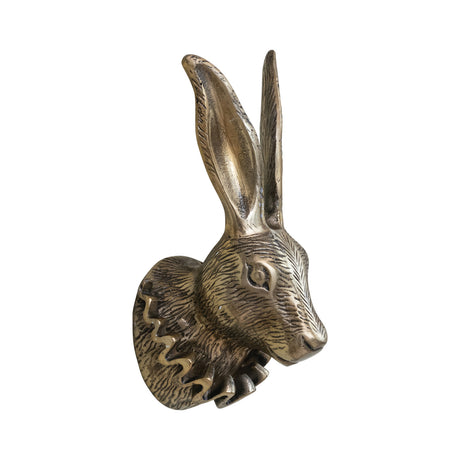 Antique brass rabbit head wall décor with ruff collar, cast aluminum