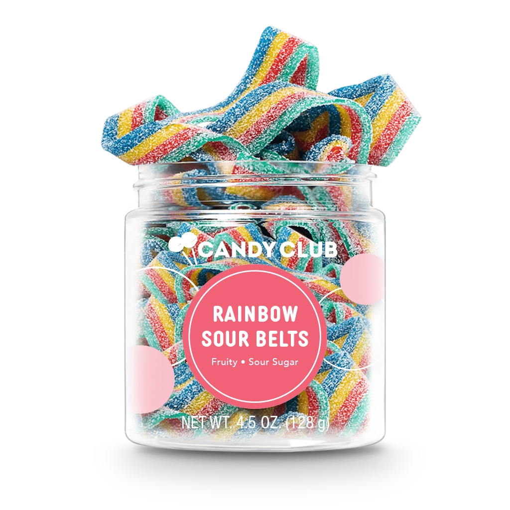 Jar of Rainbow Sour Belts candy with colorful sugar-coated sour belts in a clear container, vegan friendly and made in the USA