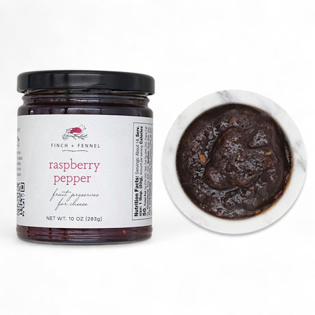 Jar of raspberry pepper fruit preserves for cheese, 10 oz sweet and spicy spread