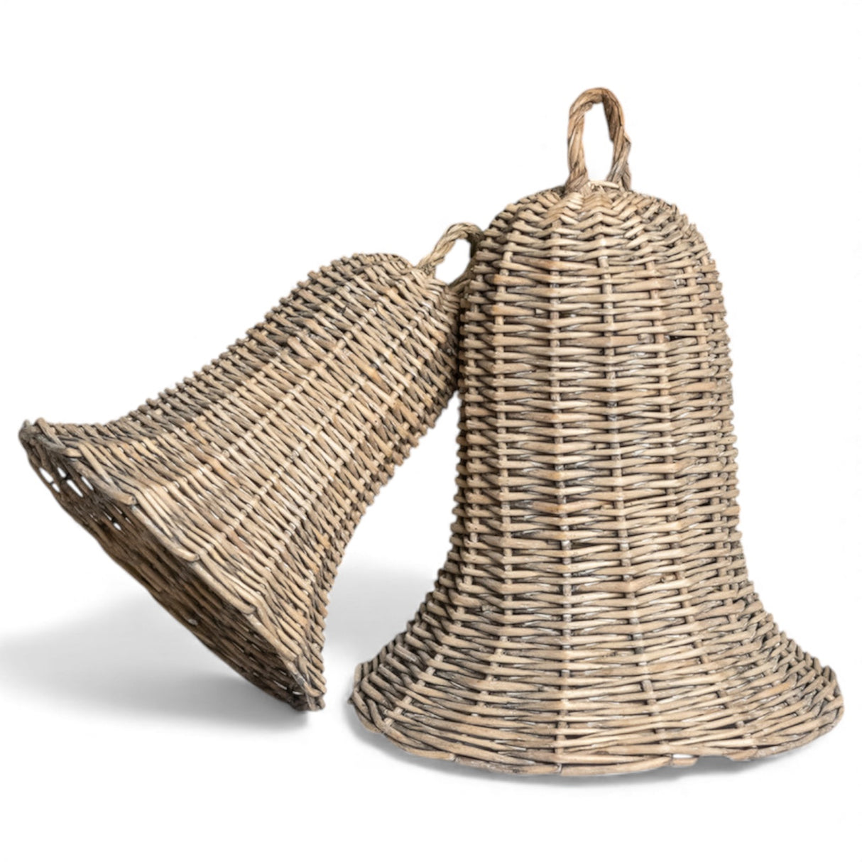 Two handwoven rattan bell decor pieces