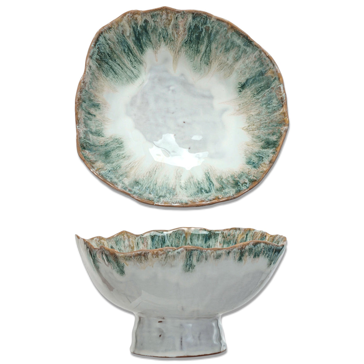 9 inch ceramic footed bowl with reactive glaze and scalloped rim