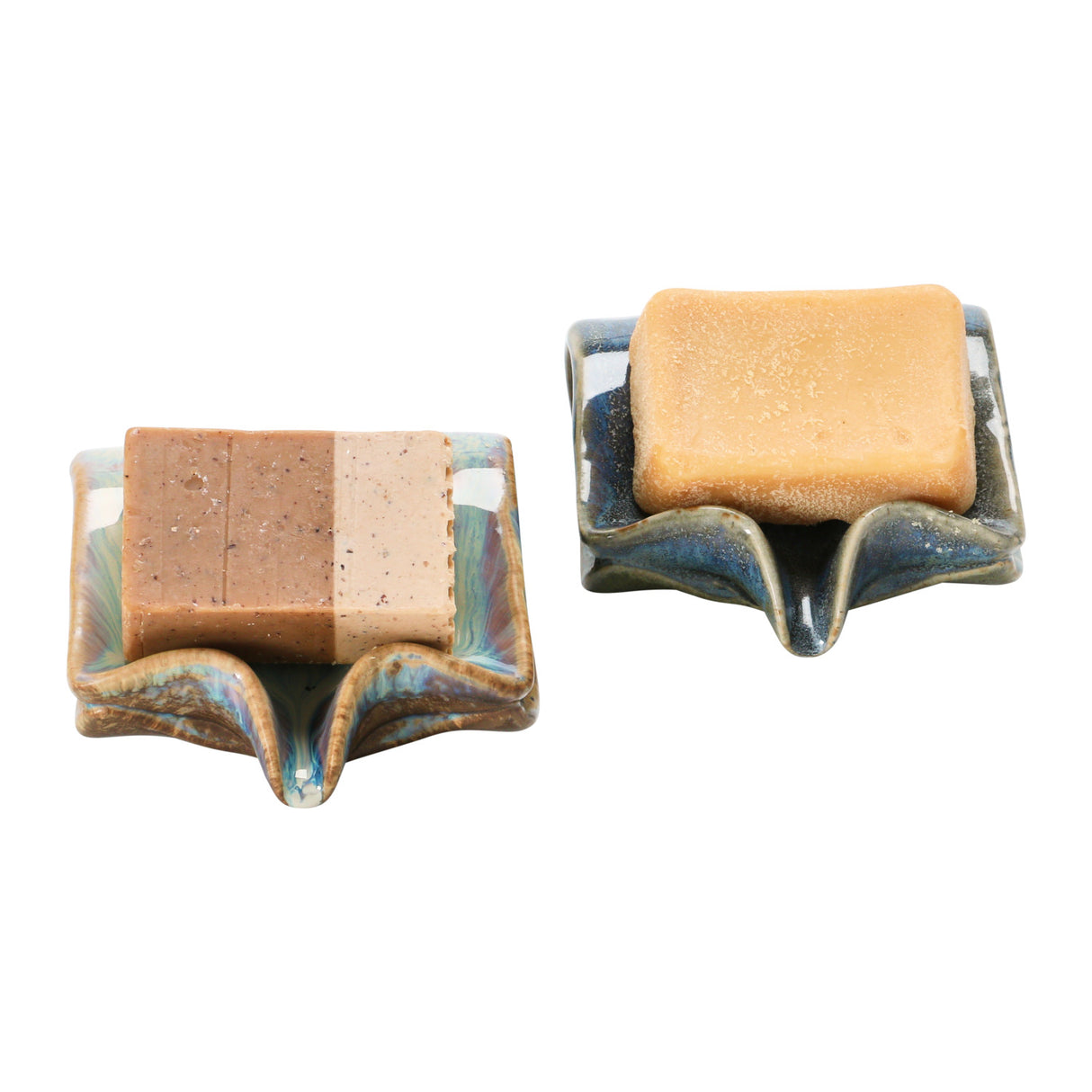 reactive glaze stoneware sponge and soap holder with drip spout