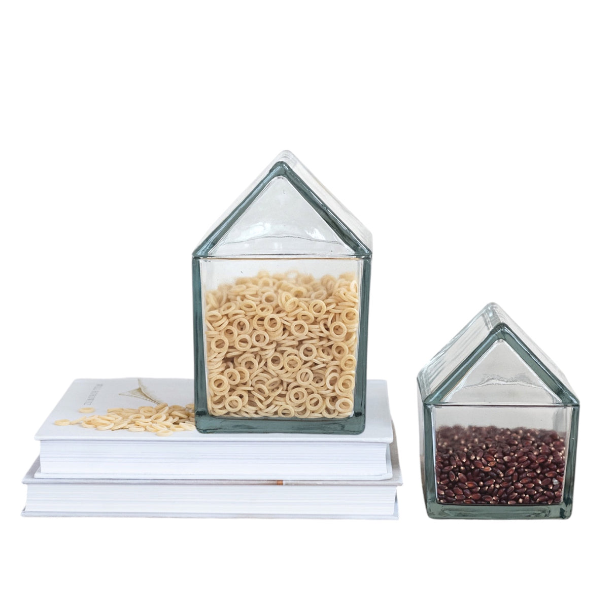 Recycled glass house-shaped storage jar with lid, available in 45 oz. and 20 oz. sizes