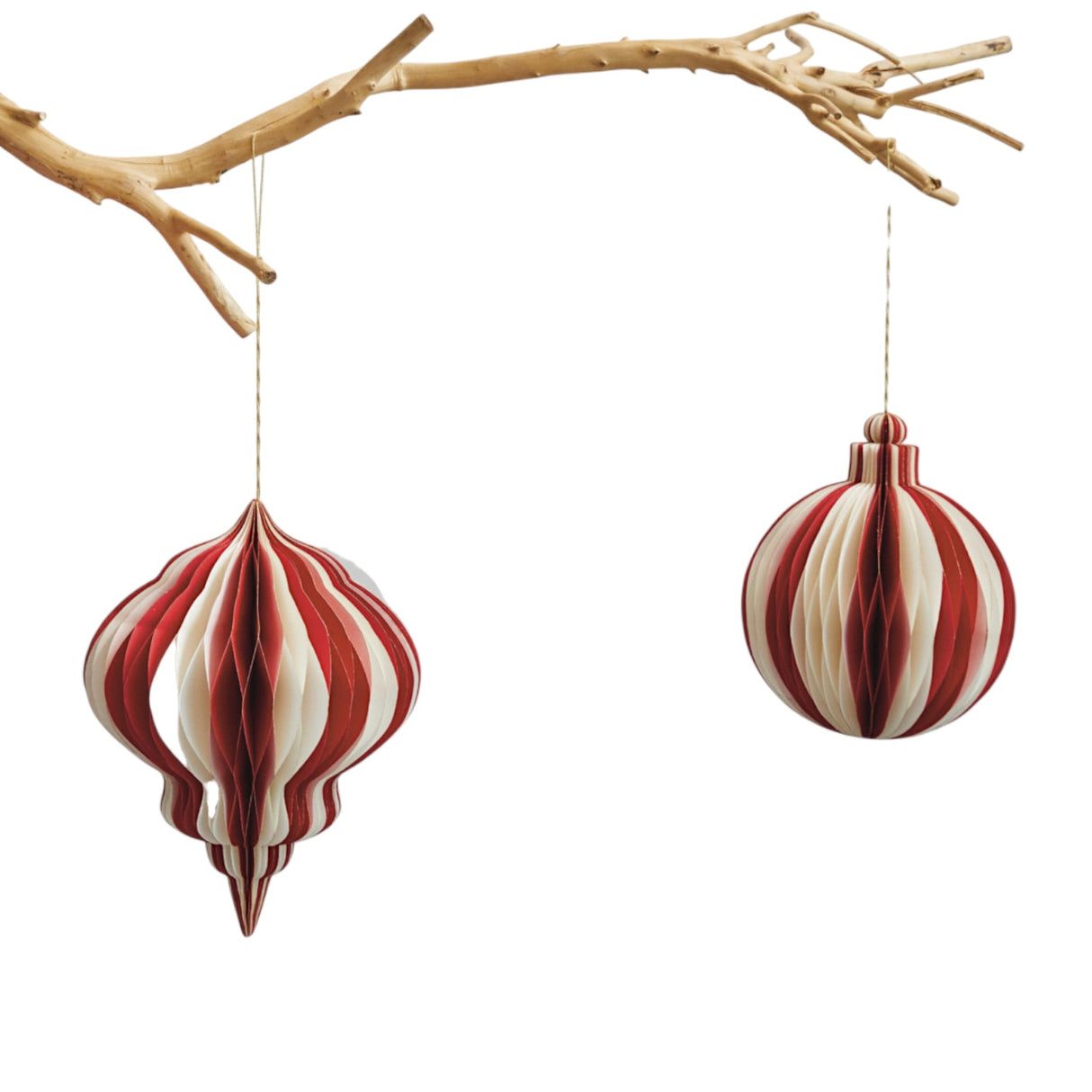 Handmade red and cream recycled paper honeycomb ornament with gold glitter edge