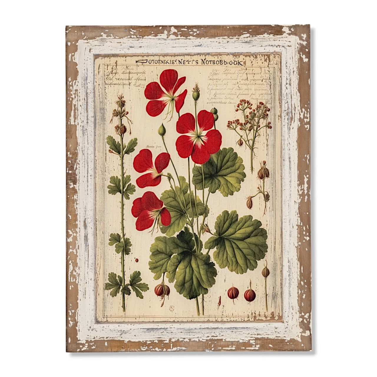 Vintage-inspired red geranium botanical print on a distressed wood frame