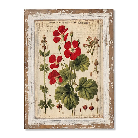 Vintage-inspired red geranium botanical print on a distressed wood frame