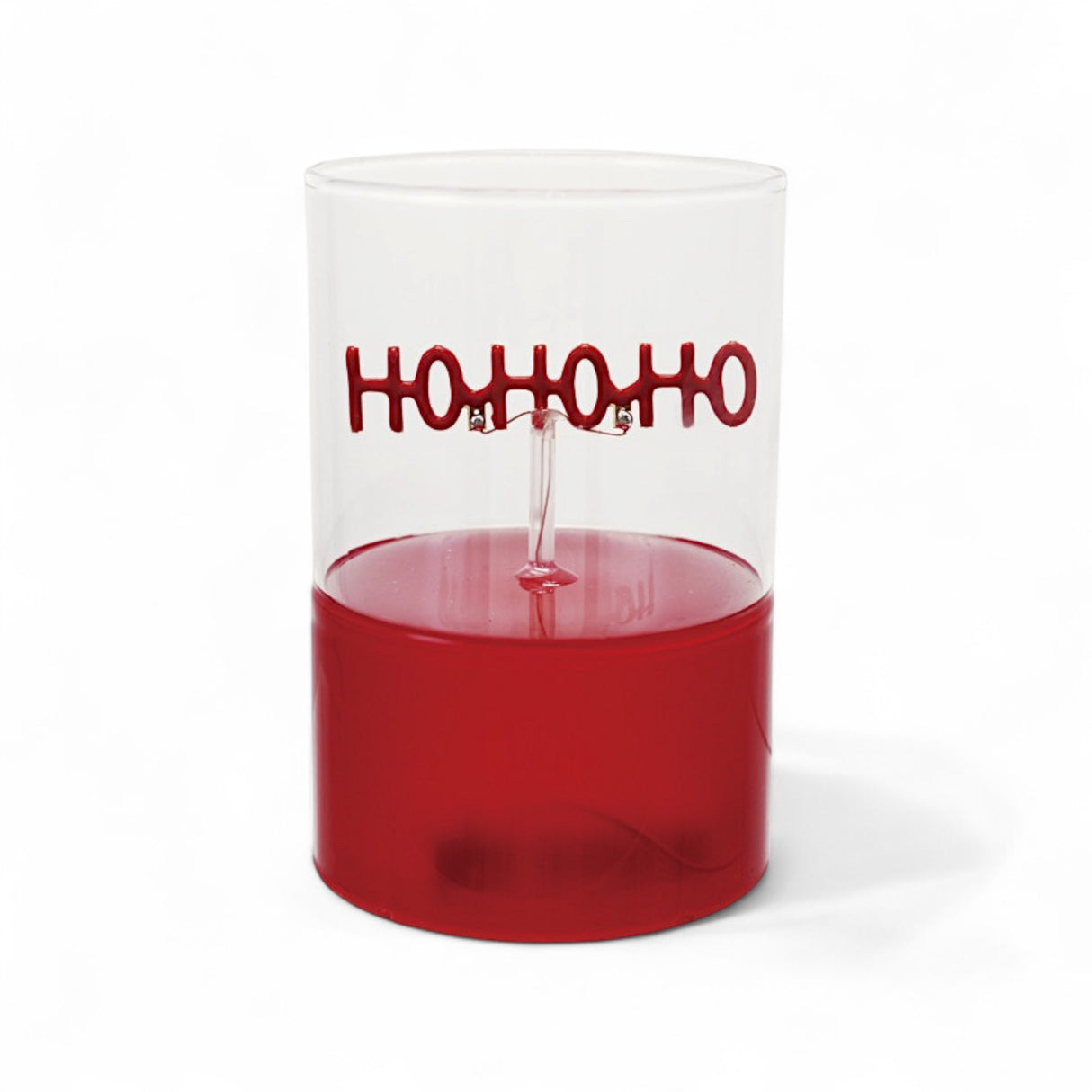 Red glass LED light with “HO HO HO” shaped filament, 4" round x 4.75" high