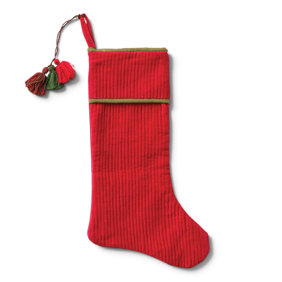 Red quilted cotton velvet Christmas stocking with green cuff trim, three decorative tassels, and a red hanging loop