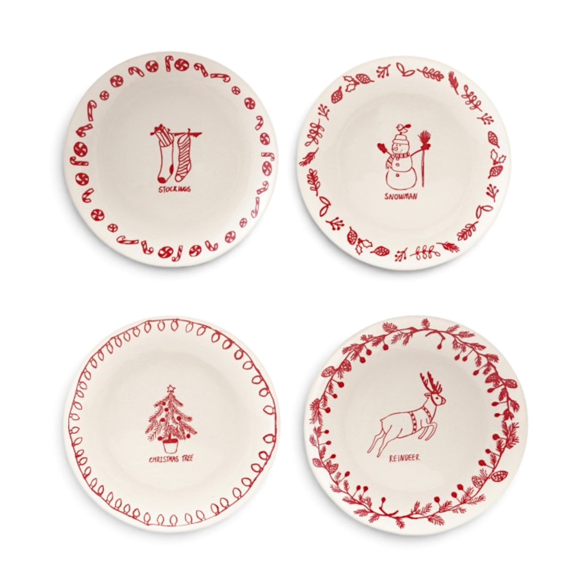 Four white ceramic plates with red stockings, snowman, Christmas tree, and reindeer illustrations, matching words, and festive patterned borders