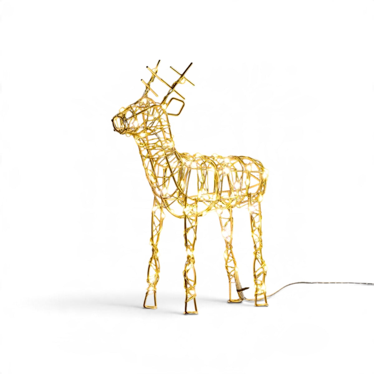 Freestanding metal wire reindeer holiday light with 90 warm white LEDs, available in brown or gold.