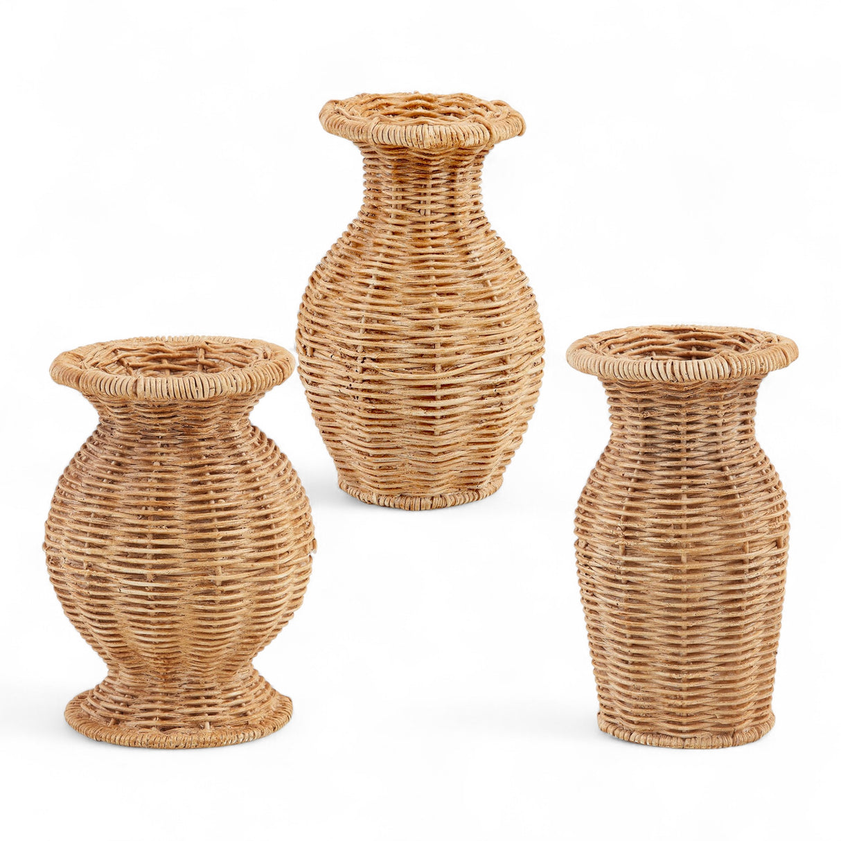 Three resin basket weave wicker vases