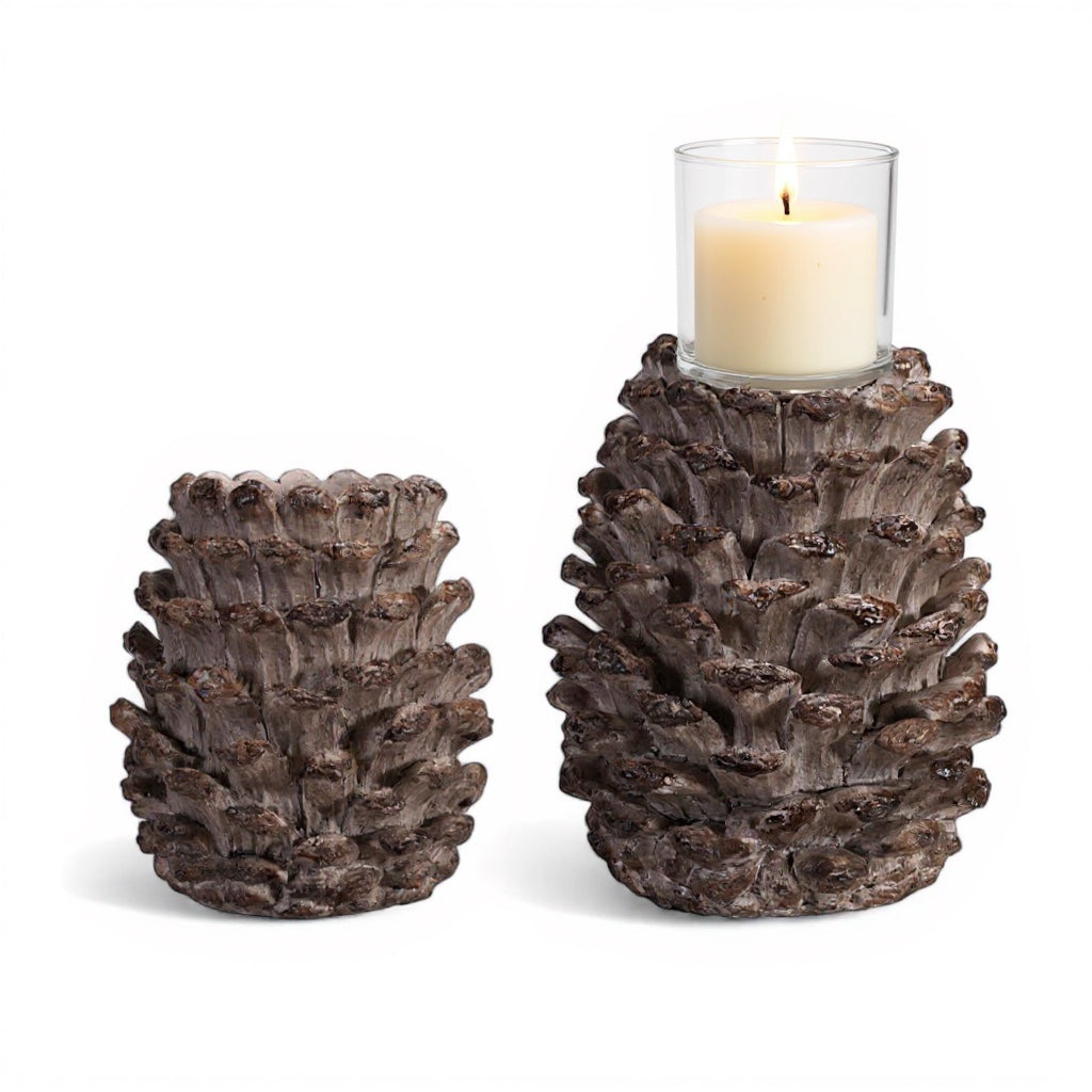 Resin pinecone pillar holder in distressed brown finish