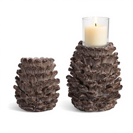 Resin pinecone pillar holder in distressed brown finish