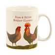 White 20 oz mug with vintage rooster and hen design and the phrase "Rise & Shine Mother Clucker" printed on both sides