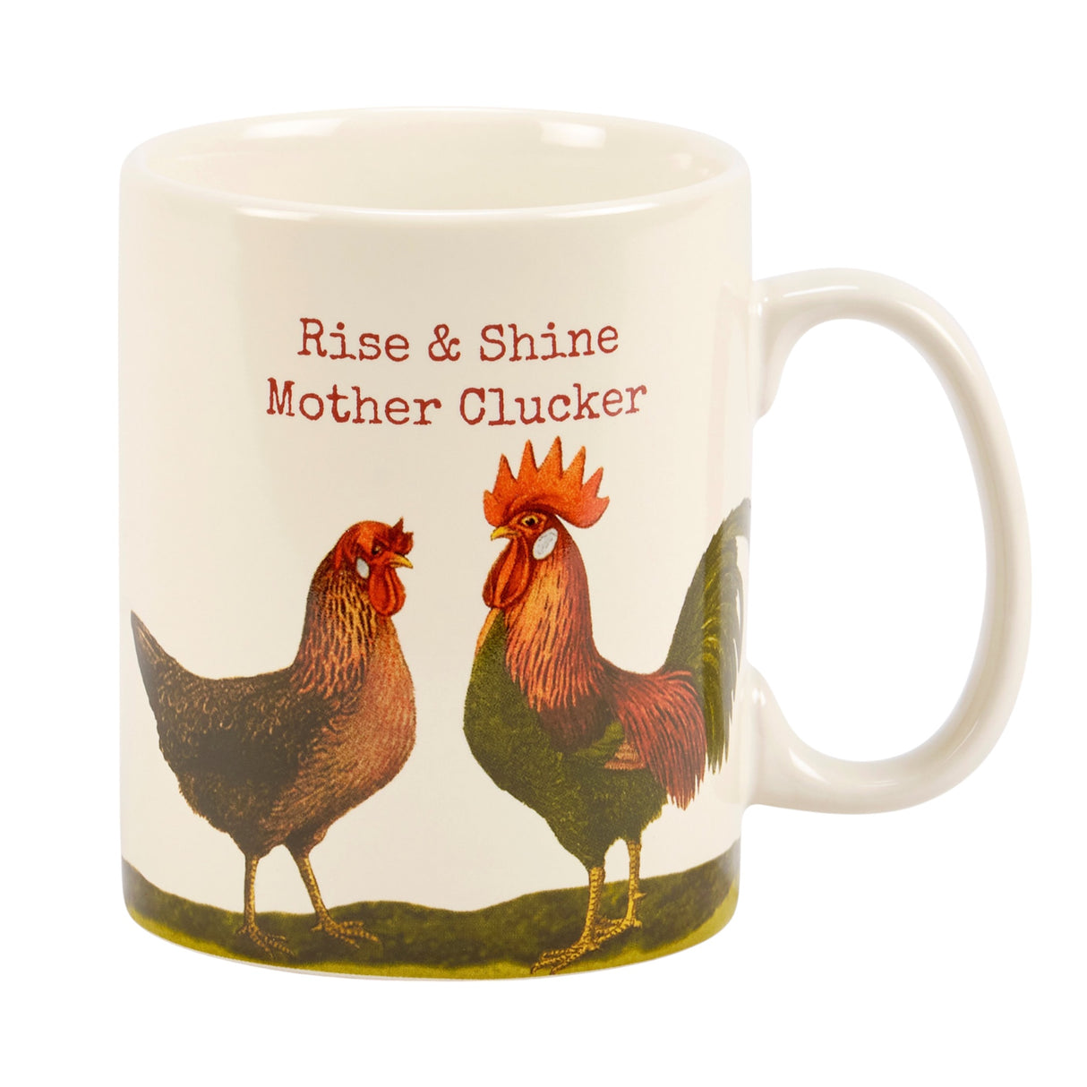 White 20 oz mug with vintage rooster and hen design and the phrase "Rise & Shine Mother Clucker" printed on both sides