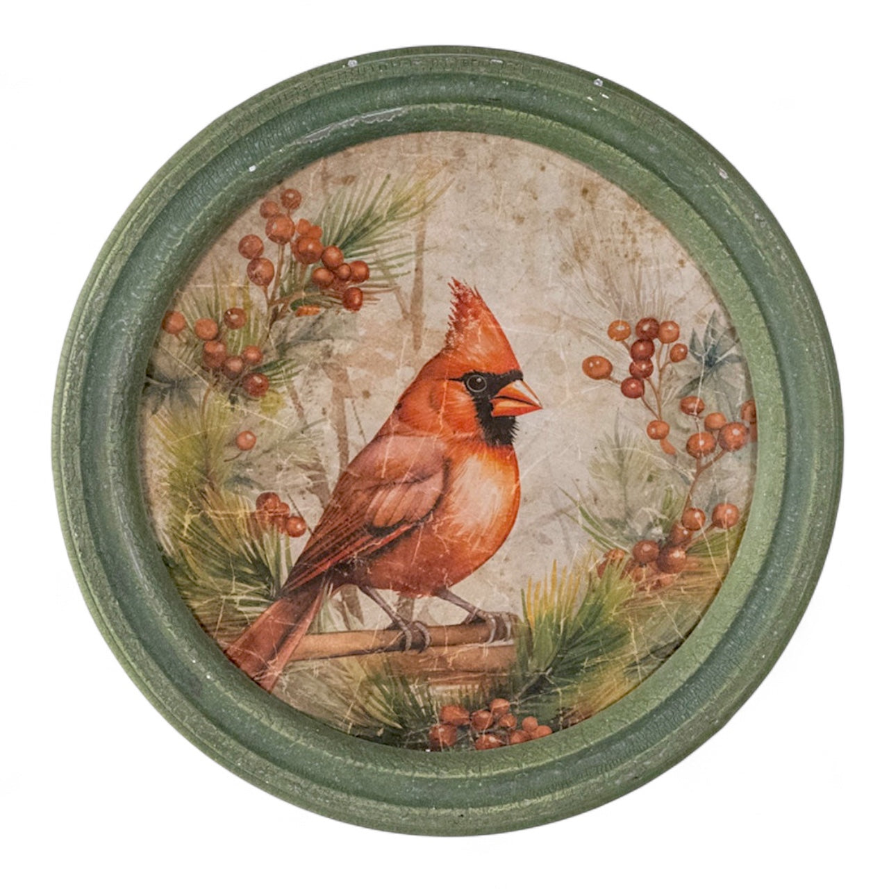 Round framed holiday wall art with red cardinal