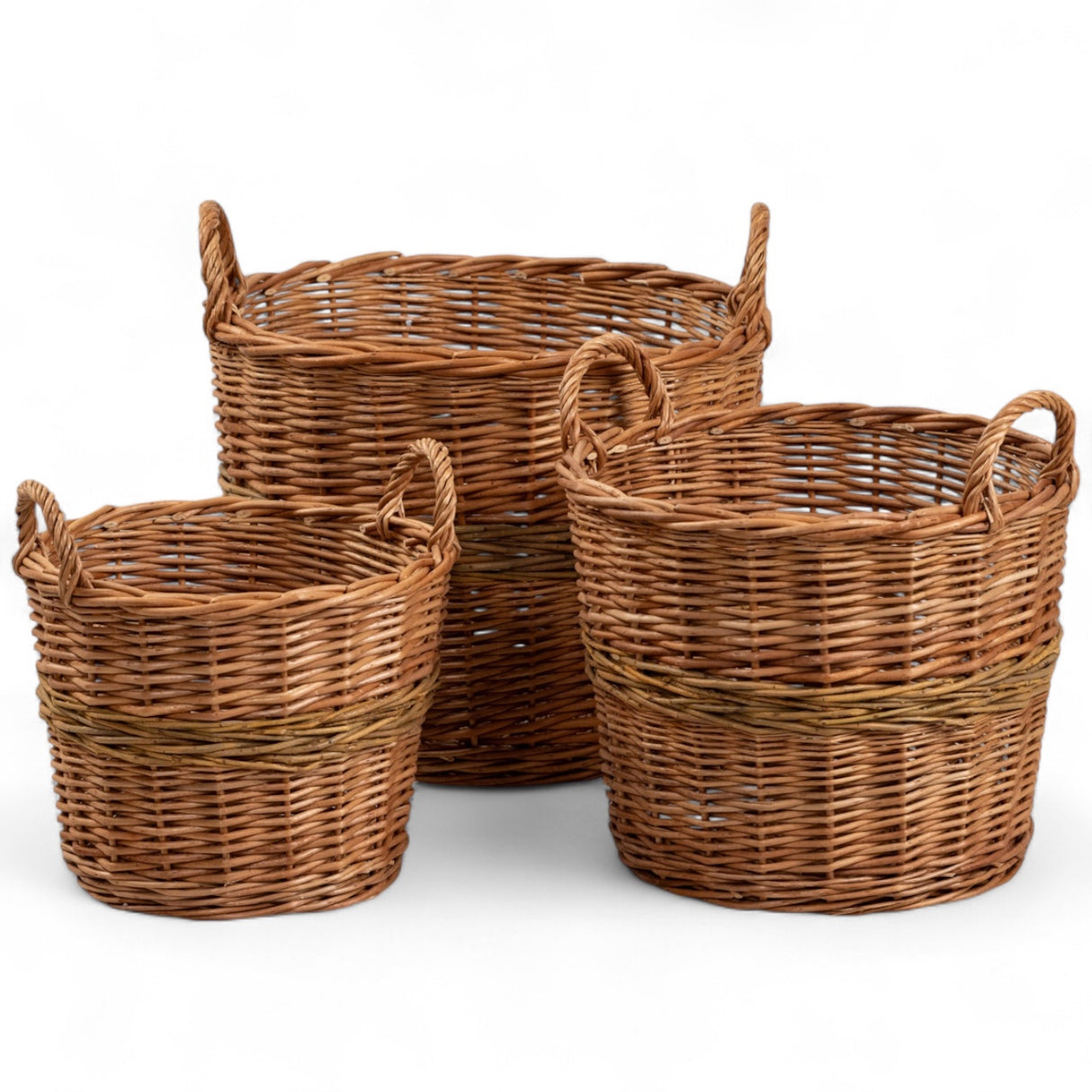 Round wicker basket with green stripe and handles