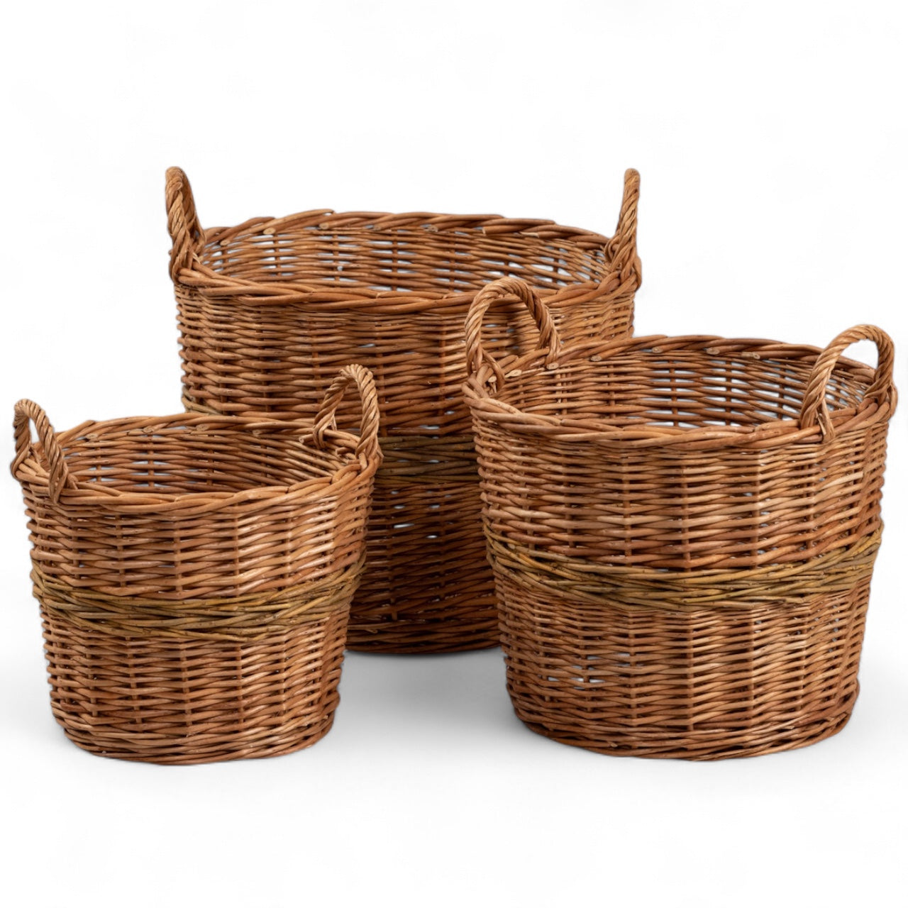 Round wicker basket with green stripe and handles