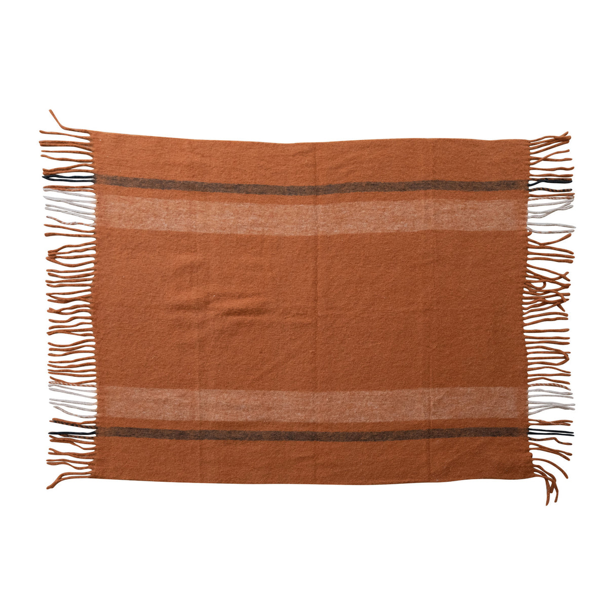Rust and mocha striped throw blanket with fringe, 60x50 inches, brushed acrylic and wool blend