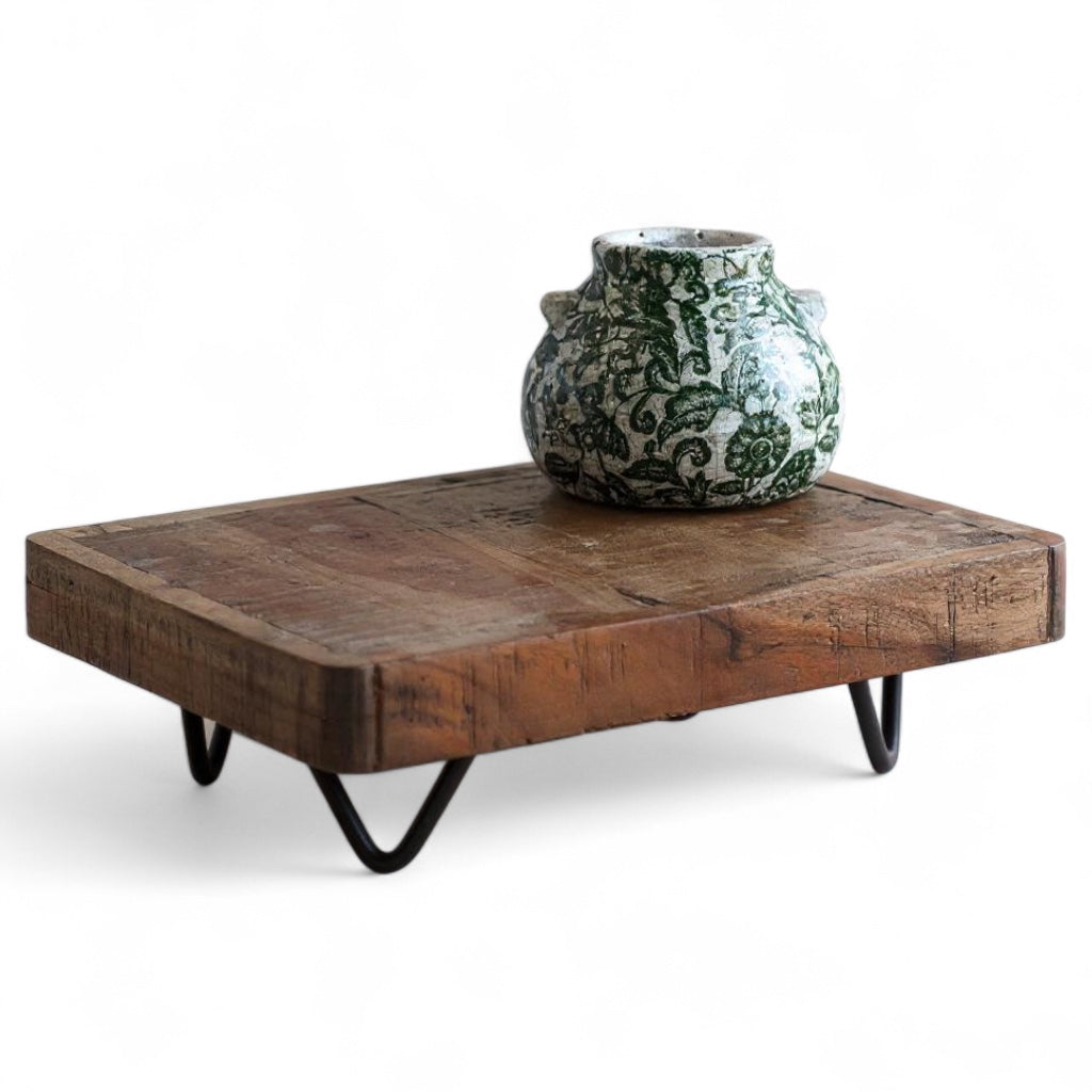 Rectangular wood riser with black metal hairpin legs