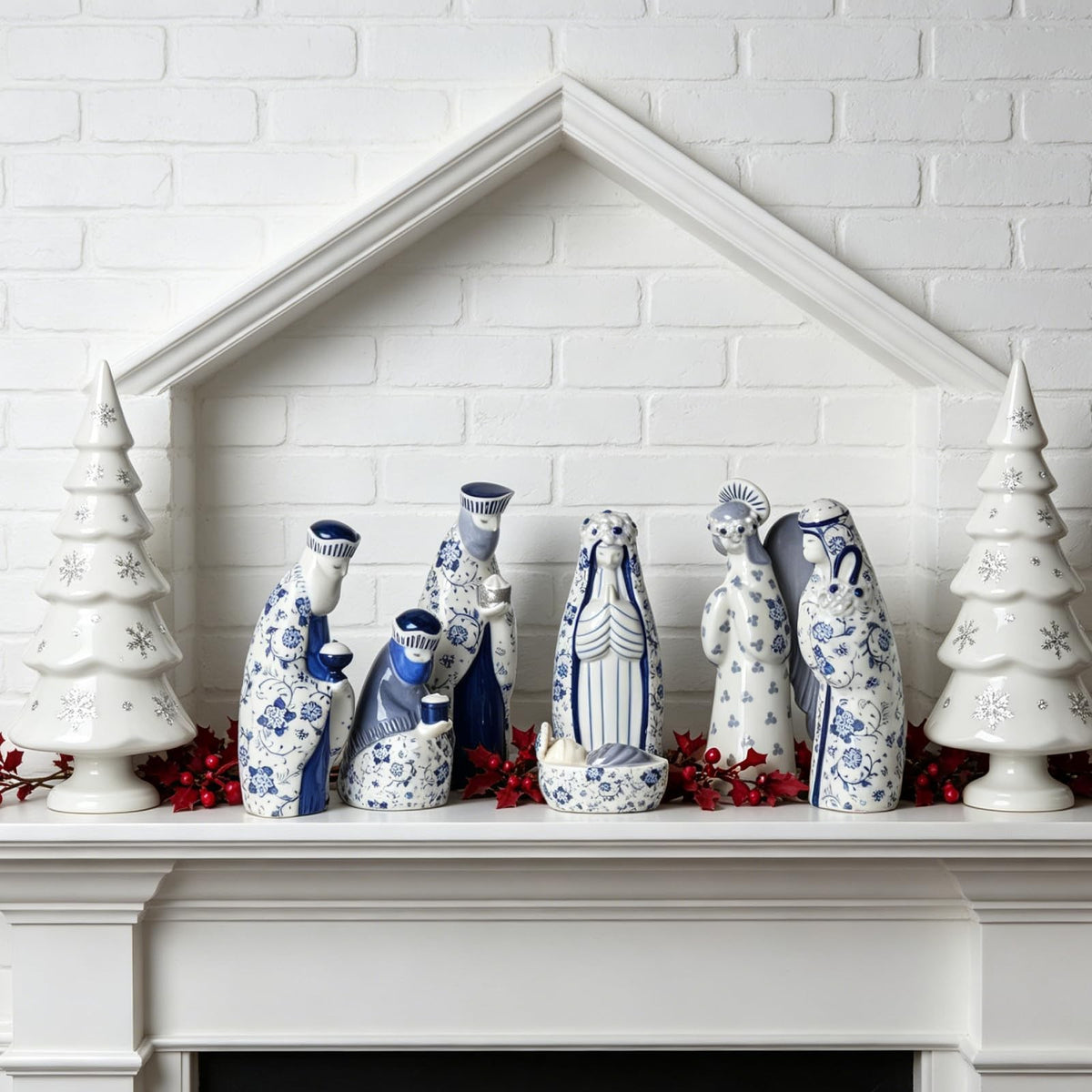 Ceramic Nativity Set with Blue Floral Pattern