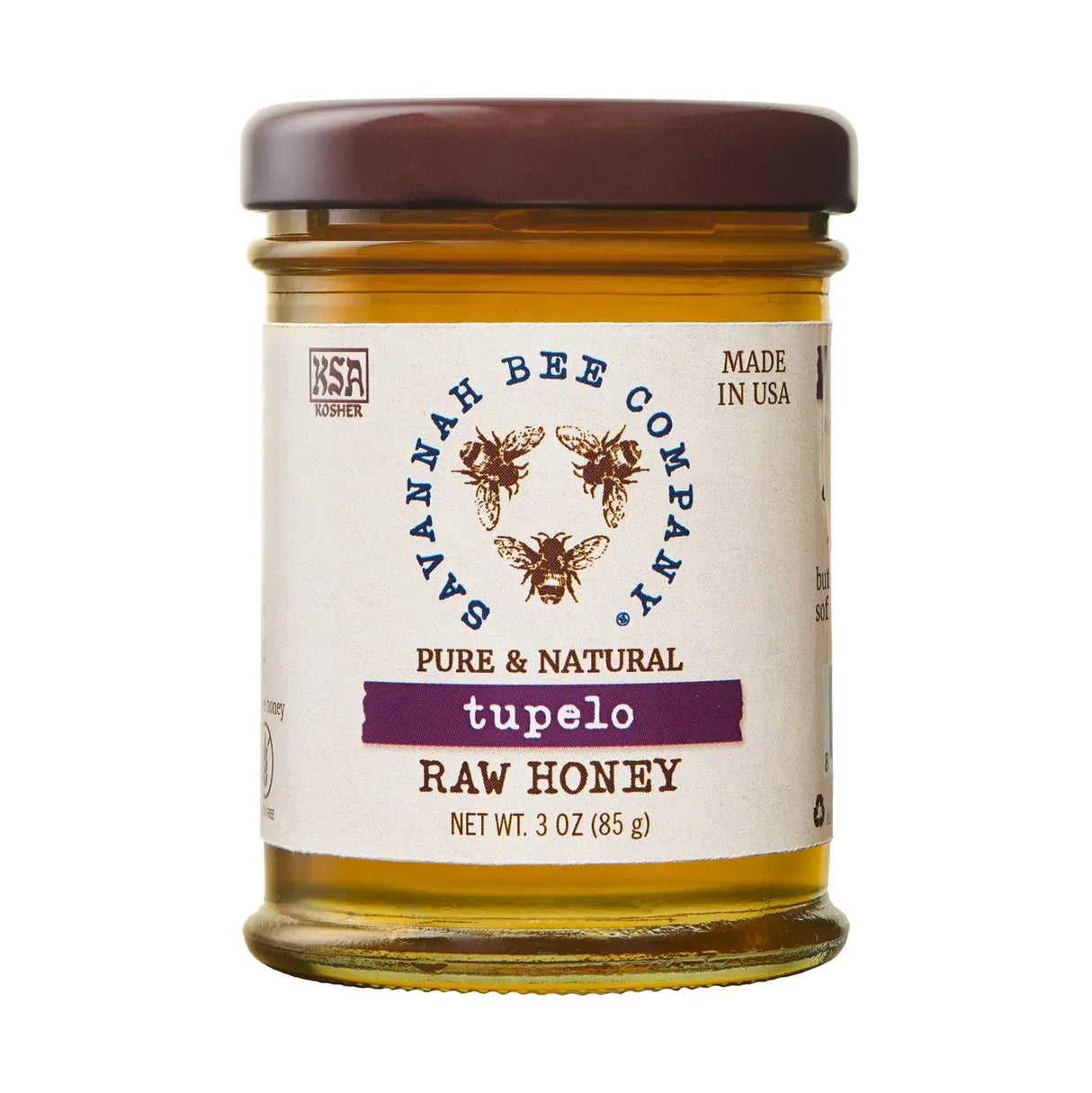 Savannah Bee Company Tupelo raw honey in a 3 oz glass jar