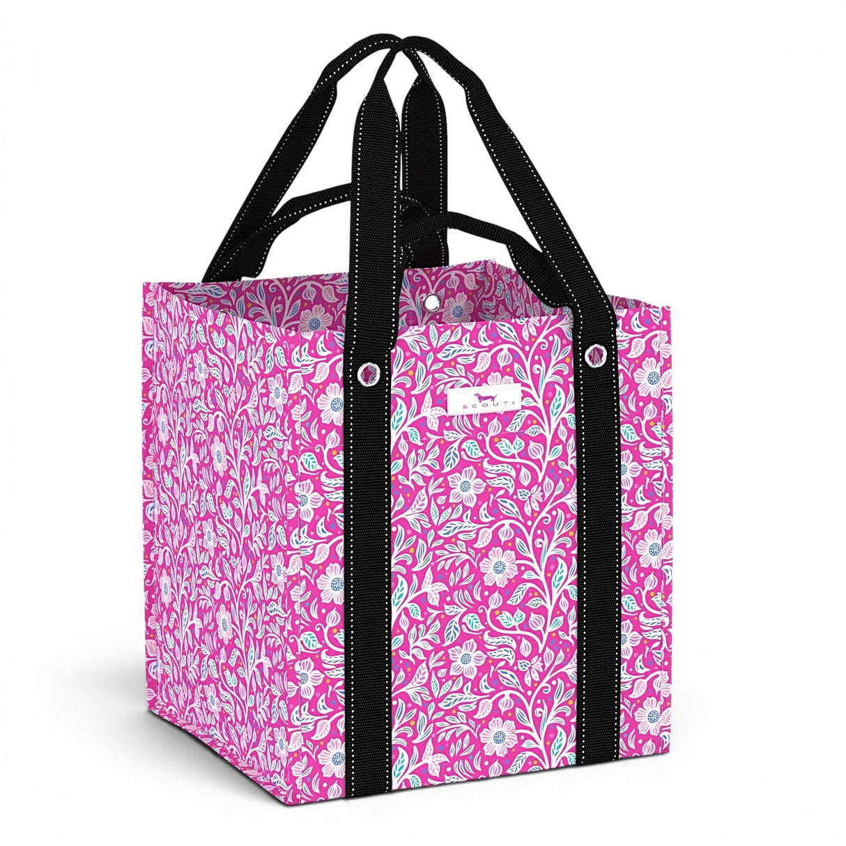SCOUT pink floral reusable grocery tote heavy duty structured market bag