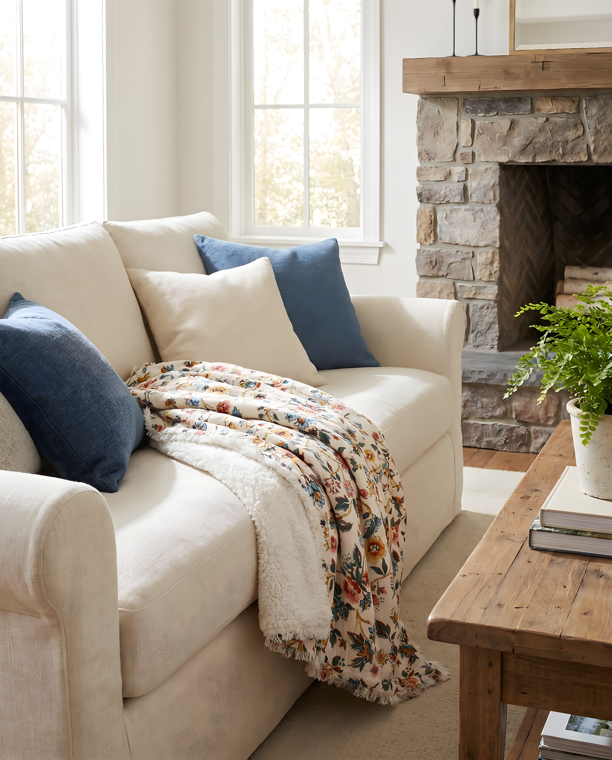 Floral Woven Cotton Throw Blanket with Sherpa Back