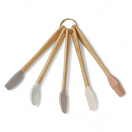Set of five silicone and beech wood mini utensils in neutral colors