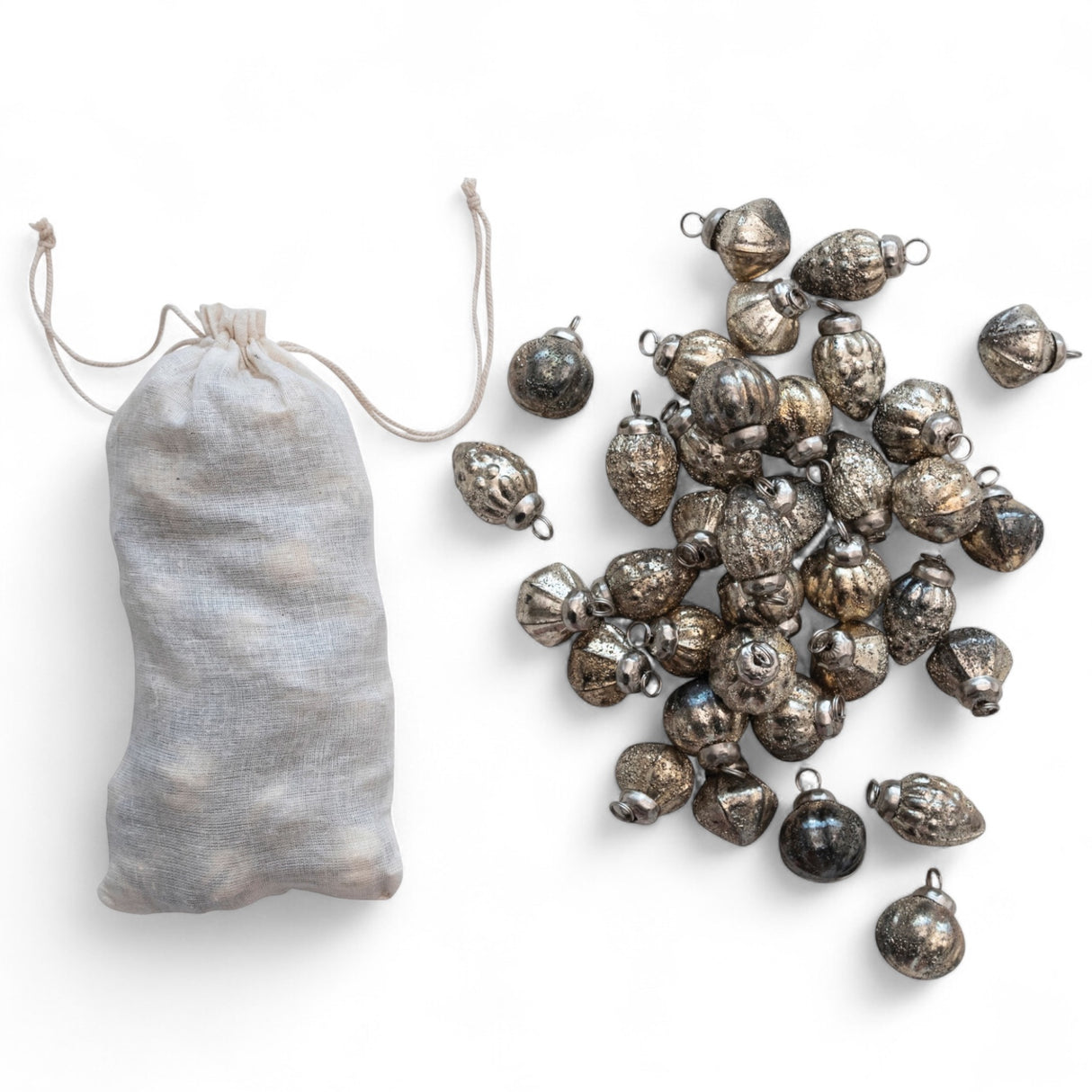 Set of 36 silver embossed mercury glass ornaments with muslin bag