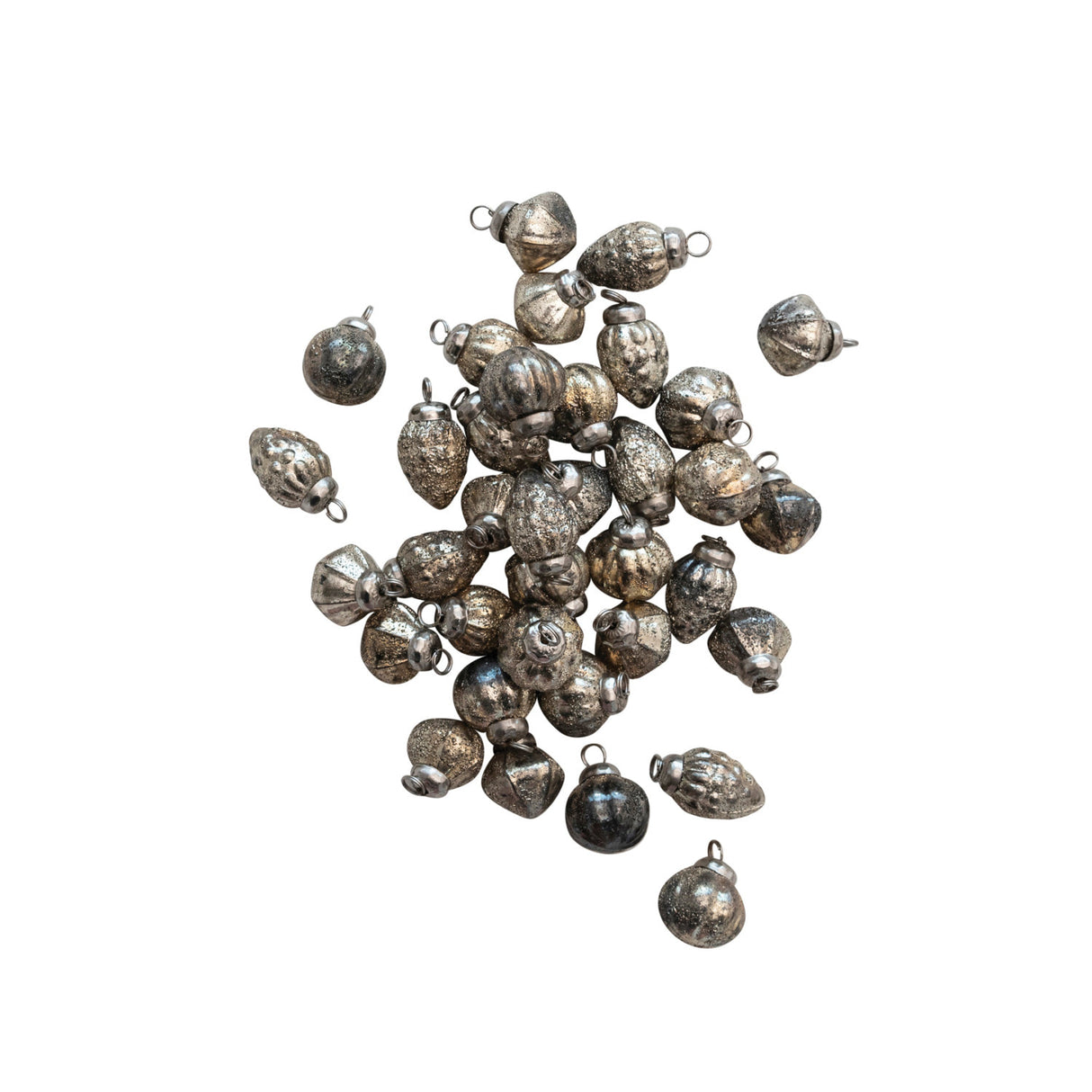 Antique Silver Embossed Mercury Glass Ornaments in Muslin Bag (Set of 36)