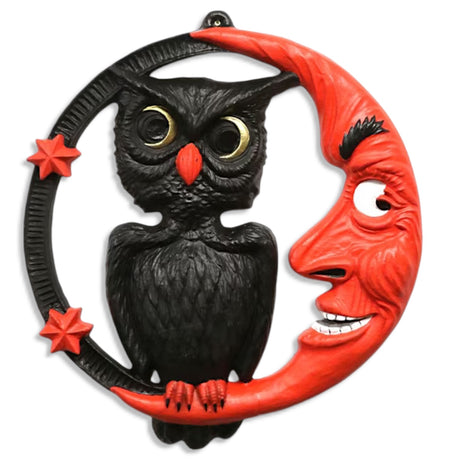 Paper mache sinister moon and owl wall décor in vintage Halloween style