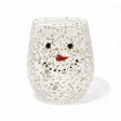 Clear confetti glass stemless wine glass with snowman face and carrot nose design.
