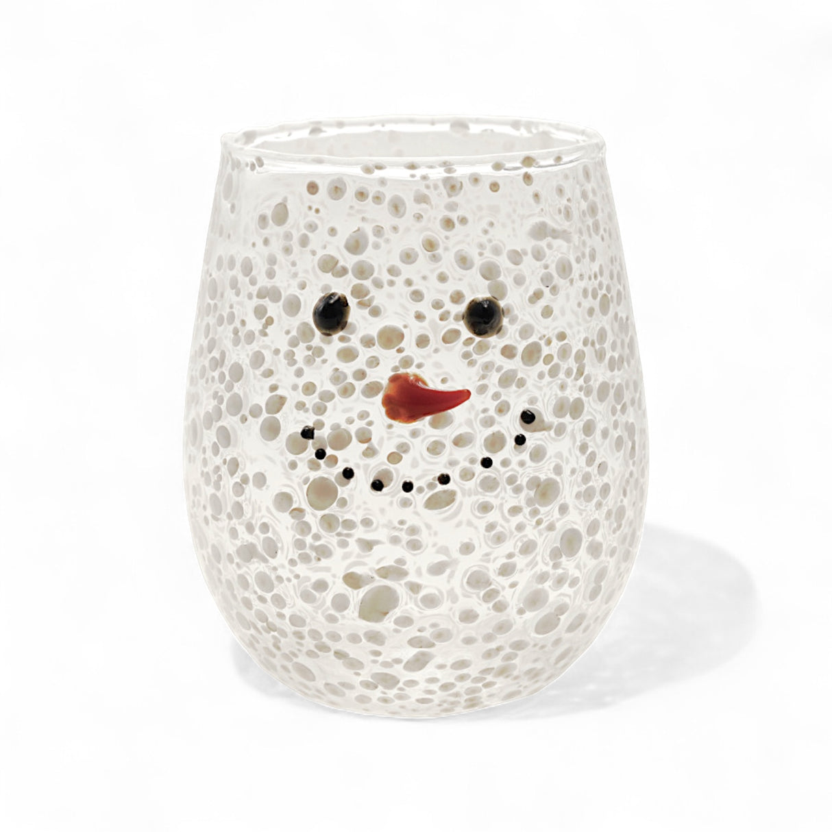 Clear confetti glass stemless wine glass with snowman face and carrot nose design.