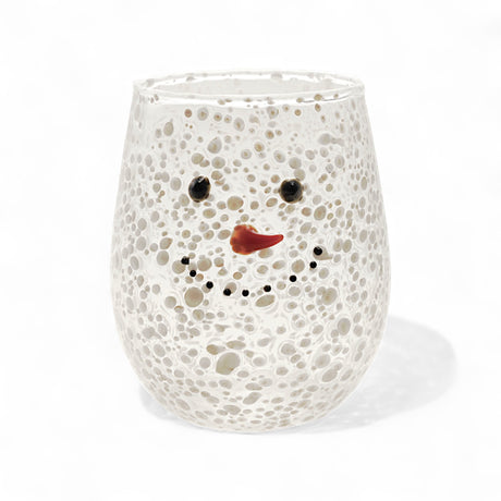 Clear confetti glass stemless wine glass with snowman face and carrot nose design.