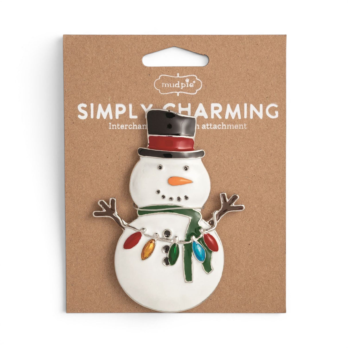 Snowman Simply Charming magnetic charm with top hat, green scarf, and colorful Christmas lights