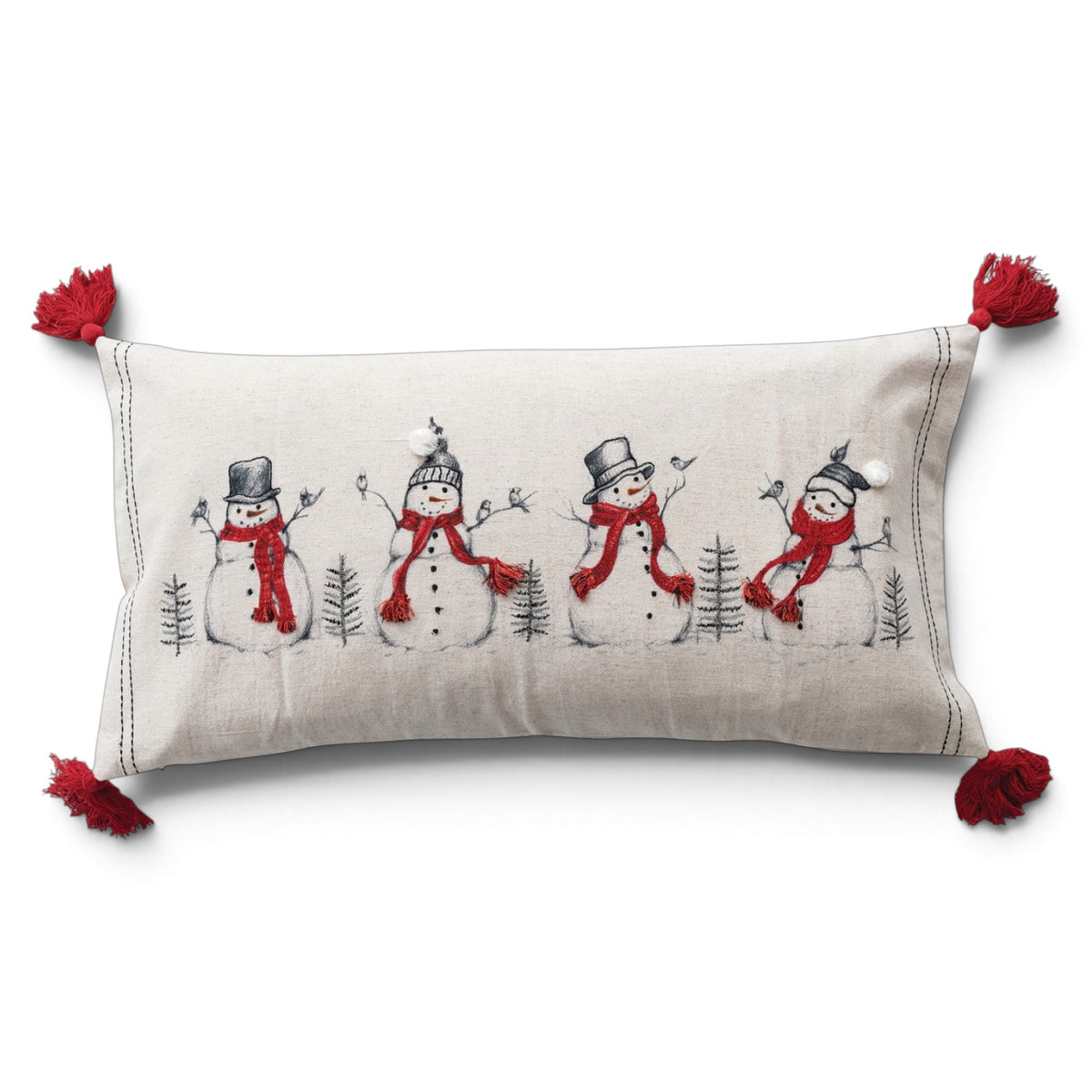 Cream lumbar pillow with four snowmen, birds, embroidered red scarves, white hat pompoms, and red corner tassels