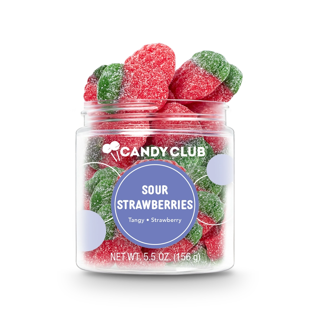 Jar of Sour Strawberries candy with red and green strawberry-shaped sour gummies coated in sugar, gluten-free and made in the USA