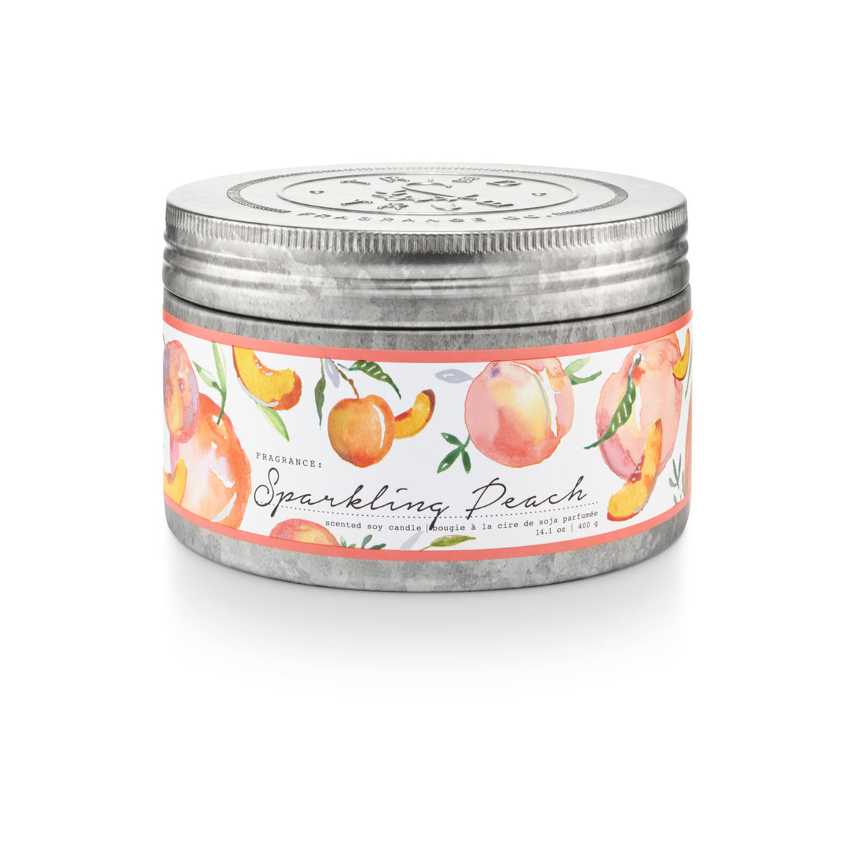 14.1 oz Sparkling Peach scented soy candle in a galvanized tin with peach-themed wrap and embossed lid, featuring jasmine, nectarine, and peach fragrance.